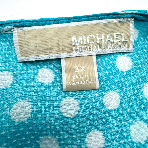 MICHAEL KORS Women's 3X Turquoise Georgette White Polka Dot Faux Wrap Midi Dress - Picture 4 of 8